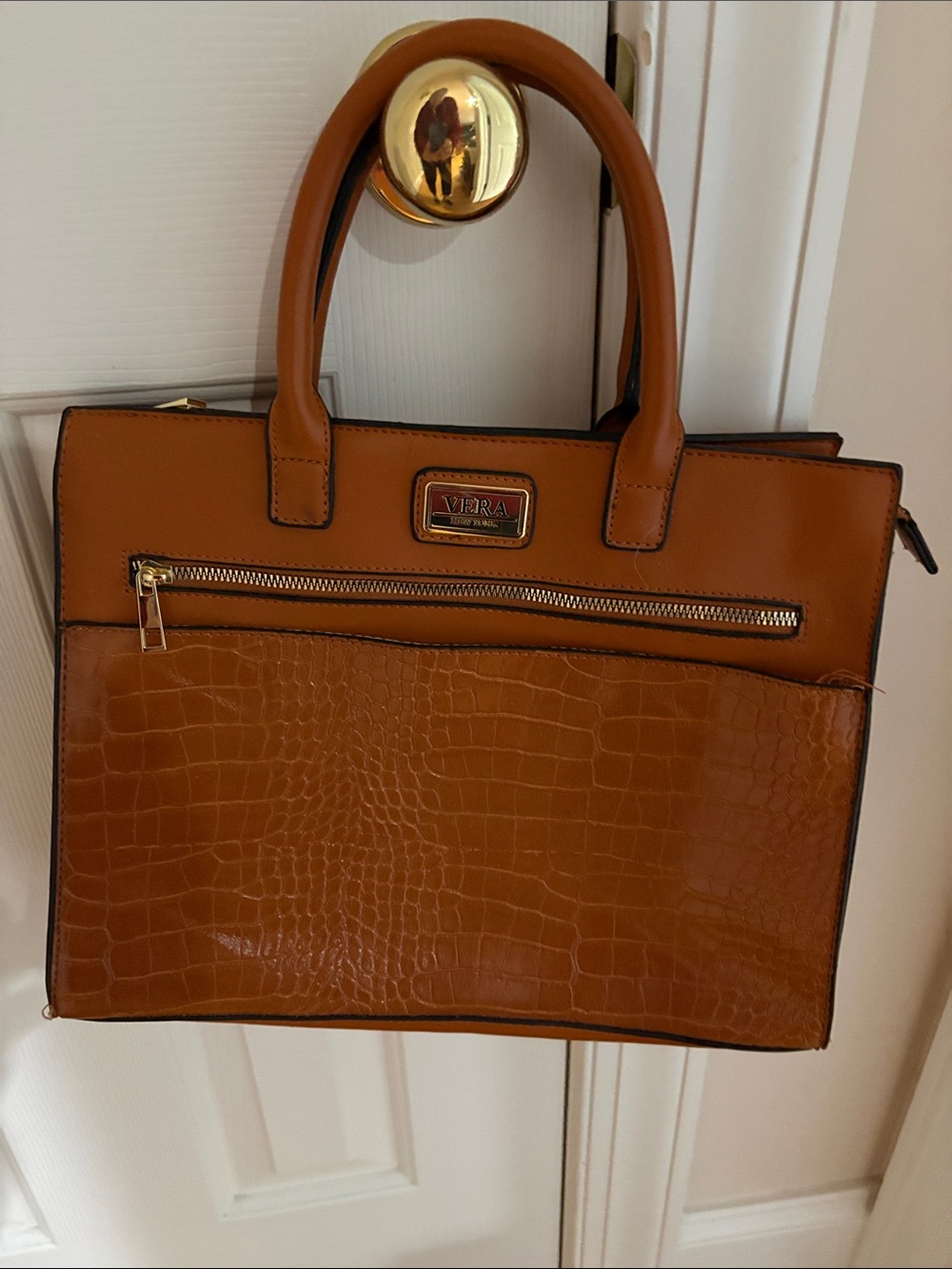 Vera Pelle Tan Croc-Embossed Leather Briefcase